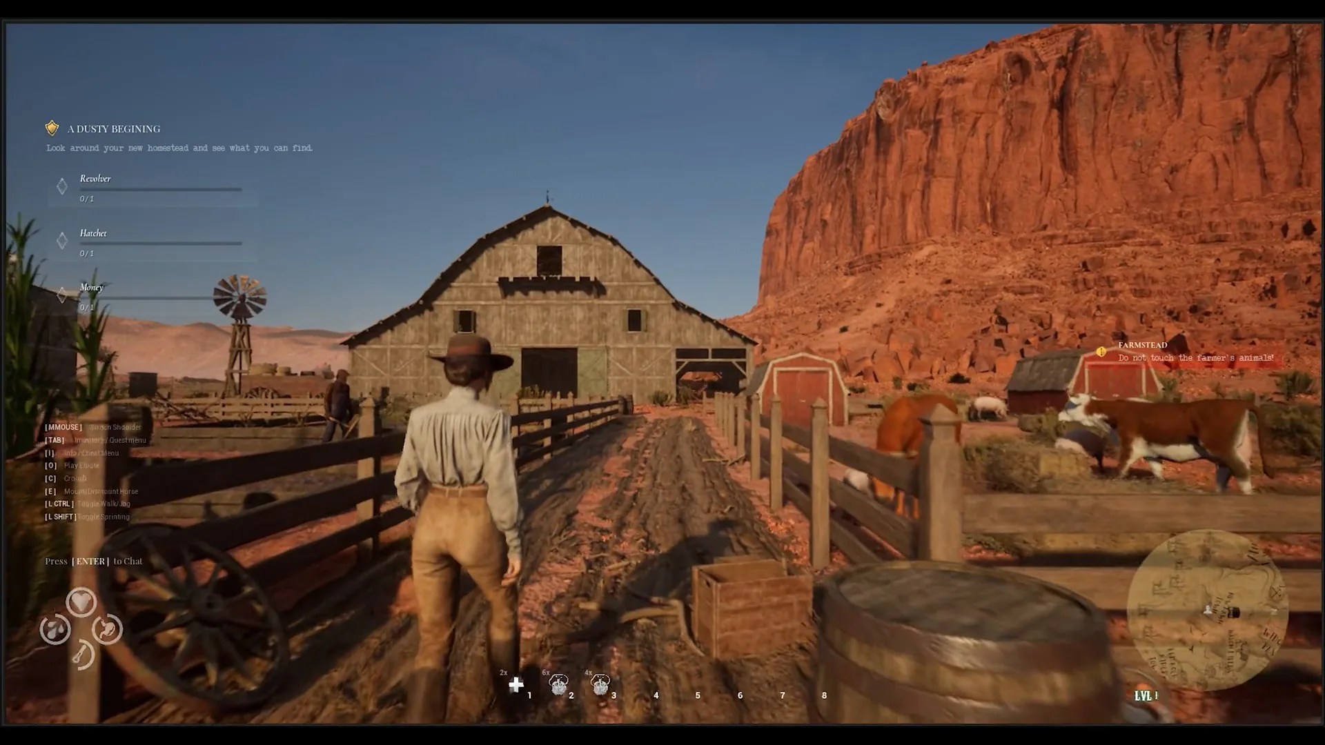 Western Rye barn, fenced ranch animals, and rows of corn