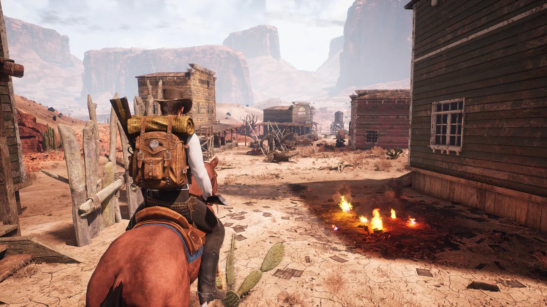 Western Rye rider entering a deserted frontier settlement